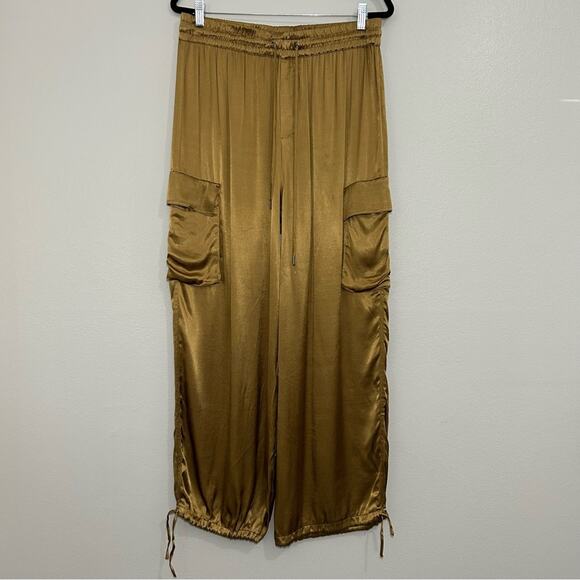 Rachel Zoe Relaxed Satin Drawstring Cargo Joggers Metallic Gold Bronze Large - Picture 3 of 10